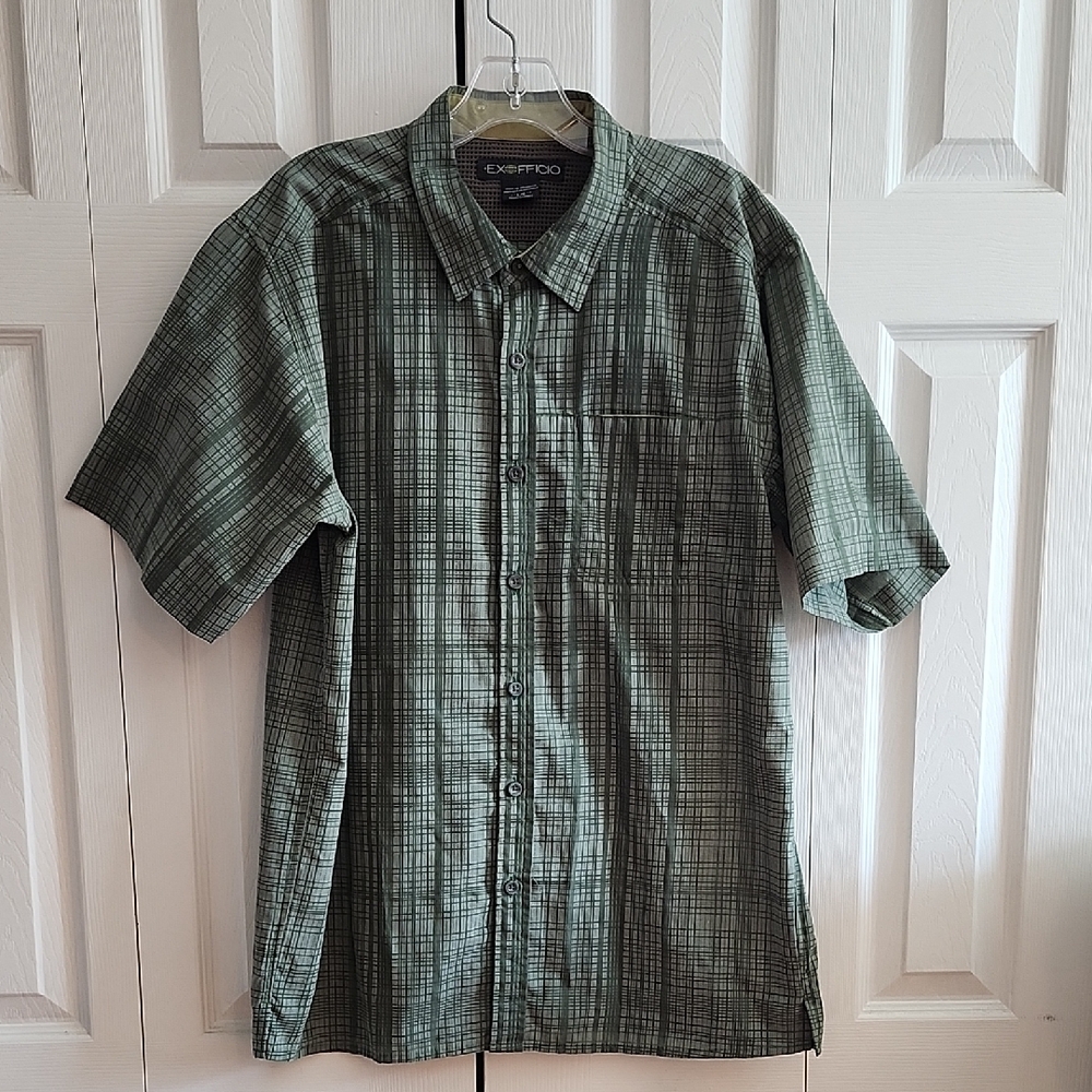 Exofficio Green Casual Button Down Shirt with Plaid Pattern and Short Sleeves